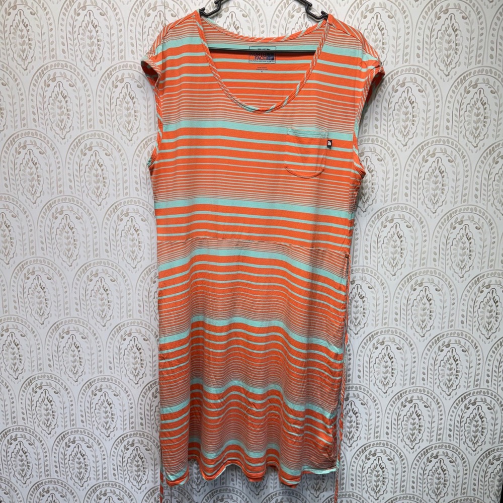 The North Face T-Shirt Dress Womens XL Orange Striped Cotton Modal Pocket Casual